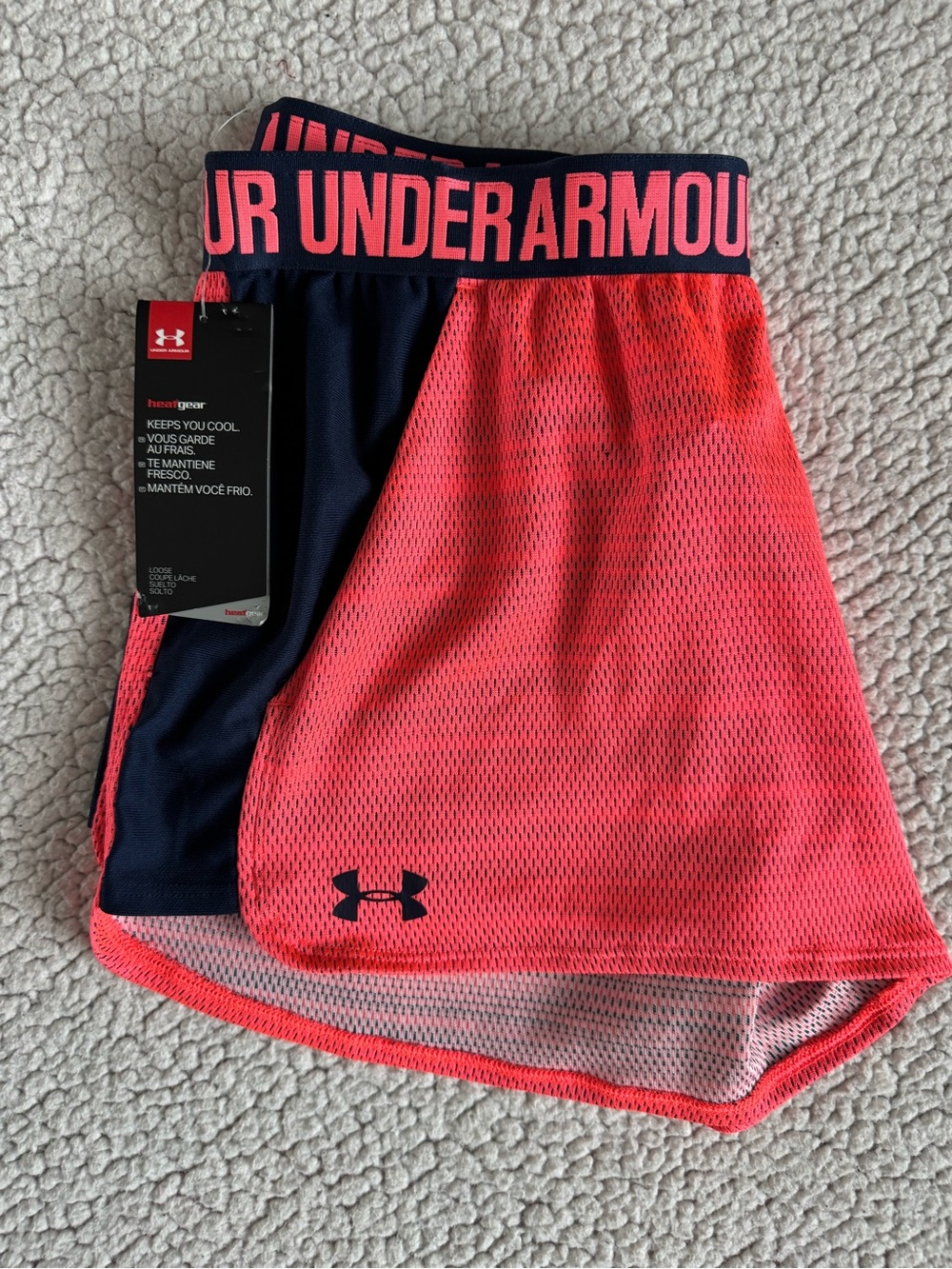 Under Armour Women’s Neon Coral Mesh Athletic Shorts with Navy Waistband
